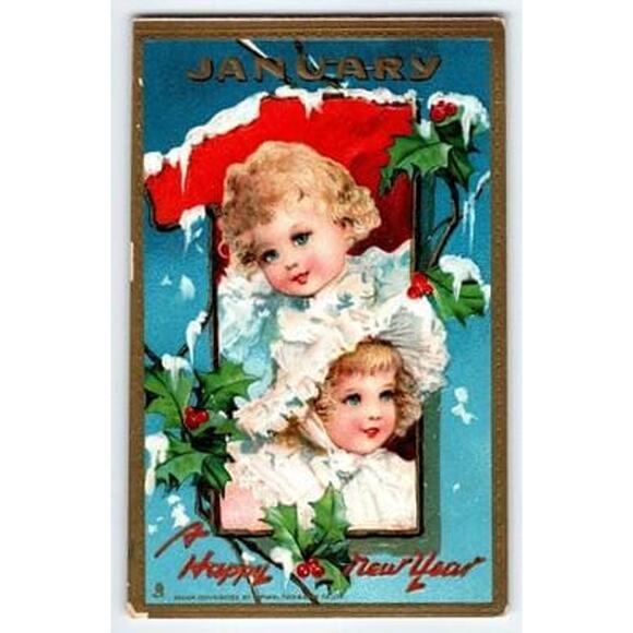 Vintage 1907-1915 Girls Raphael Tuck Happy New Year Postcard January Litho 601 - Picture 1 of 2